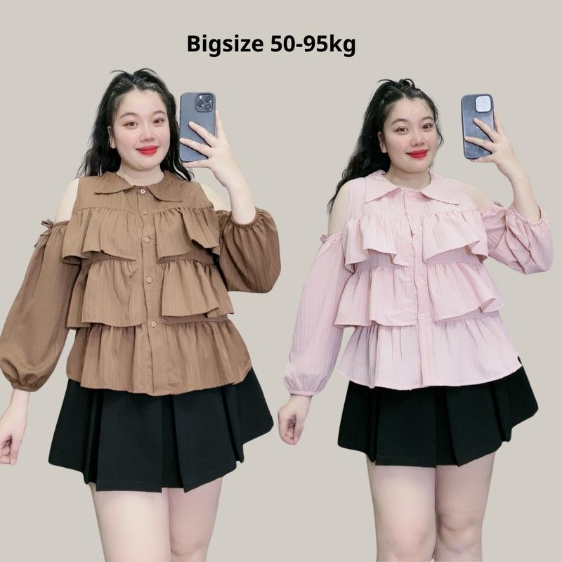 Áo sơ mi nhiều tầng nữ tay dài bo chun cổ bẻ khoét vai cách điệu chất xốp đũi mềm mịn, ít nhăn 50-95kg - SM166