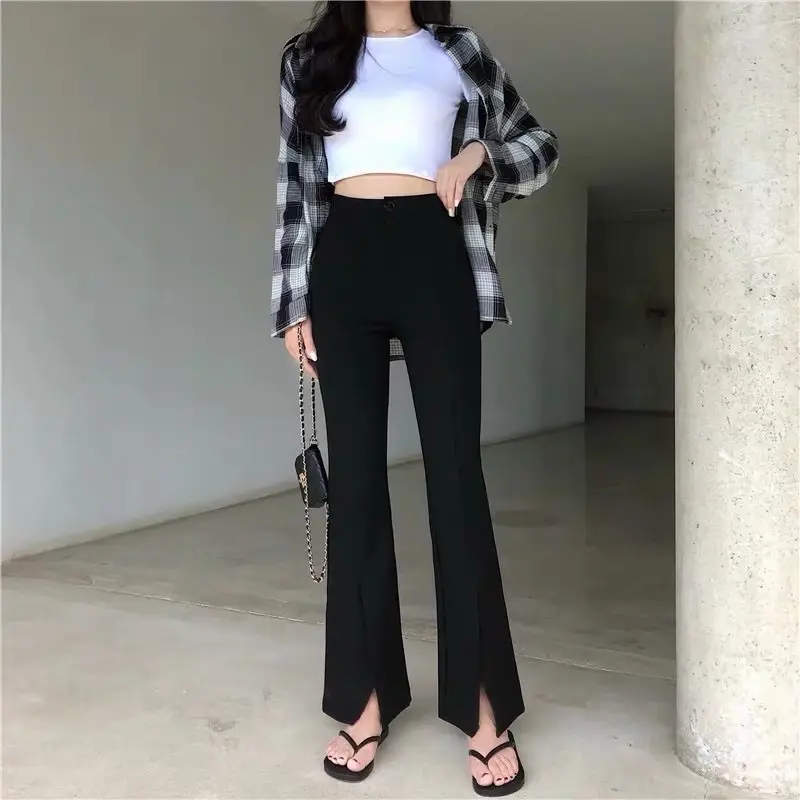 QUẦN ỐNG LOE XẺ GẤU TRƯỚC CẠP CAO TÔN DÁNG MÀU ĐEN  Nữ Pants Đen Women 1
