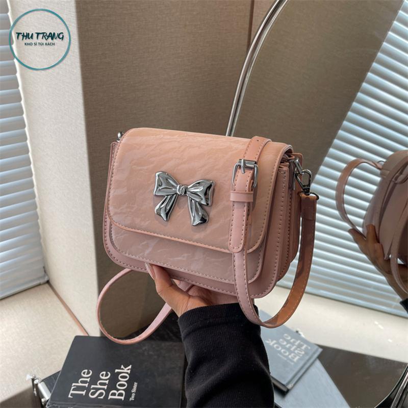 Xả Lỗ Lấy Tương Tác Túi Xách Nữ Dáng Bầu Da Nhung Vân Loang Mác Nơ Bag Đeo Vai Đeo Chéo