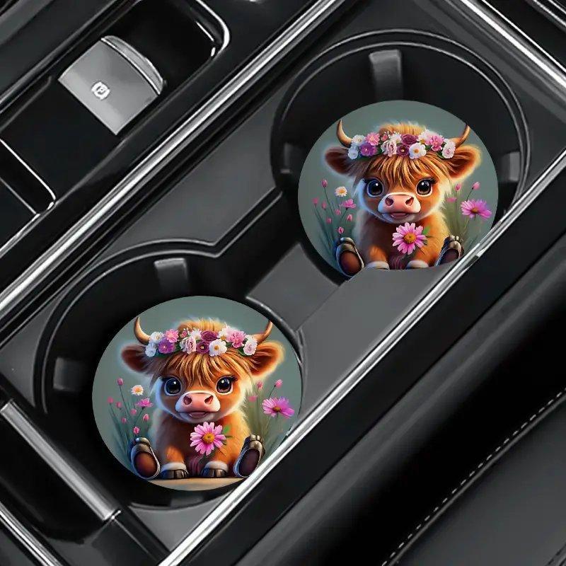 Cartoon Highland Cow Pattern Car Coaster, Round Anti-slip Car Cup Holder Pad, Car Interior Decoration Accessories for Women & Men 2
