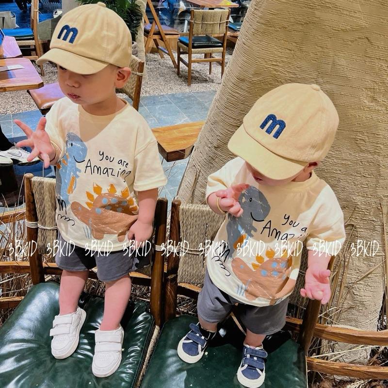 [ BEE GAU] BKL04 VÀNG GHI : Set đồ bộ áo cotton in hình khủng Long  màu Vàng mix quần da cá GHi cho bé trai 8-26kg