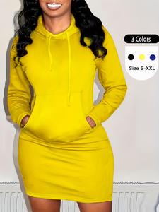 Women's Solid Color Drawstring Hoodie Dress, Casual Long Sleeve Hooded Sweatshirt Dress for Daily Wear, Ladies Clothes for All Seasons