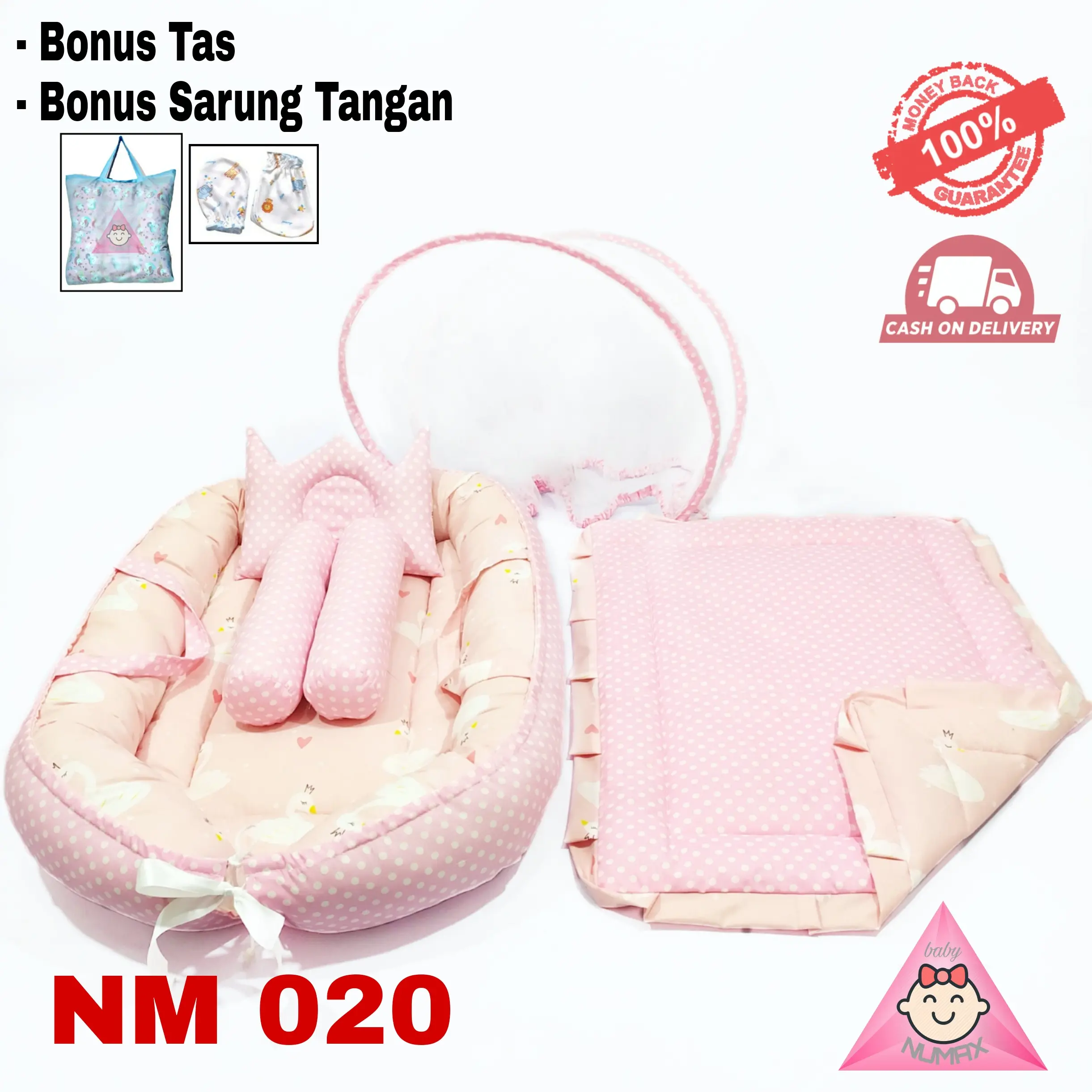 KASUR BAYI LIPAT SET KELAMBU / TEMPAT TIDUR BAYI MOTIF ANGSA PINK / MATRAS BAYI LAHIR / KADO BAYI