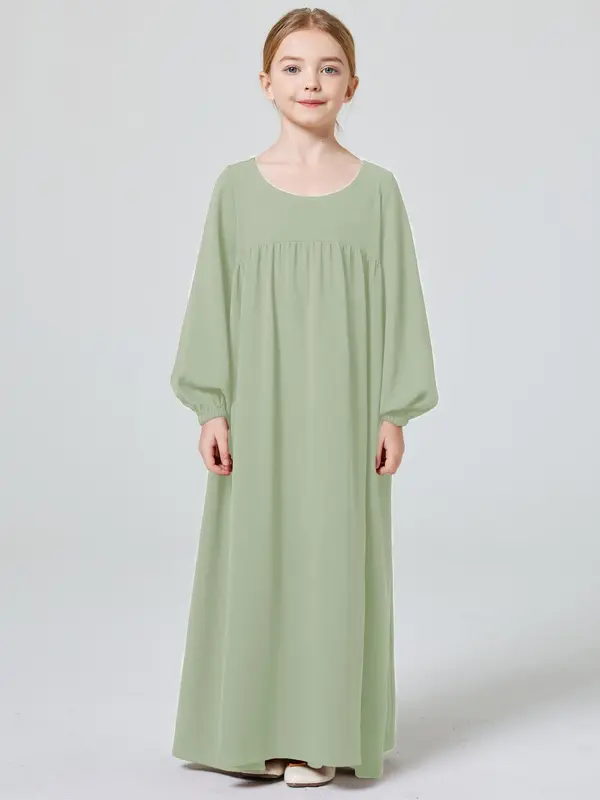Muslim Girl's Solid Ruched Bishop Sleeve Smock Dress without Hijab, Modern Abaya Dress, Modest Outfits, Cute Clothes, Cute Casual Round Neck Long Sleeve Dress for Daily Wear, Kid's Summer Clothes 1