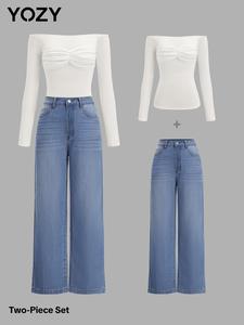 YOZY Women's Tee & Jeans Two-Piece Set, Casual Fashion Cozy Two Piece Outfits for Daily Wear, Ladies Clothes for All Seasons