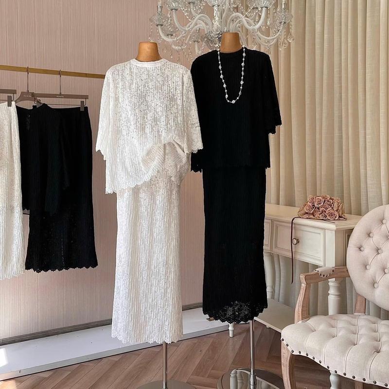 LOẠI 1 Set ren gồm áo và chân váy dáng dài suông phong cách hàn quốc 2 màu đen kem 40-70kg