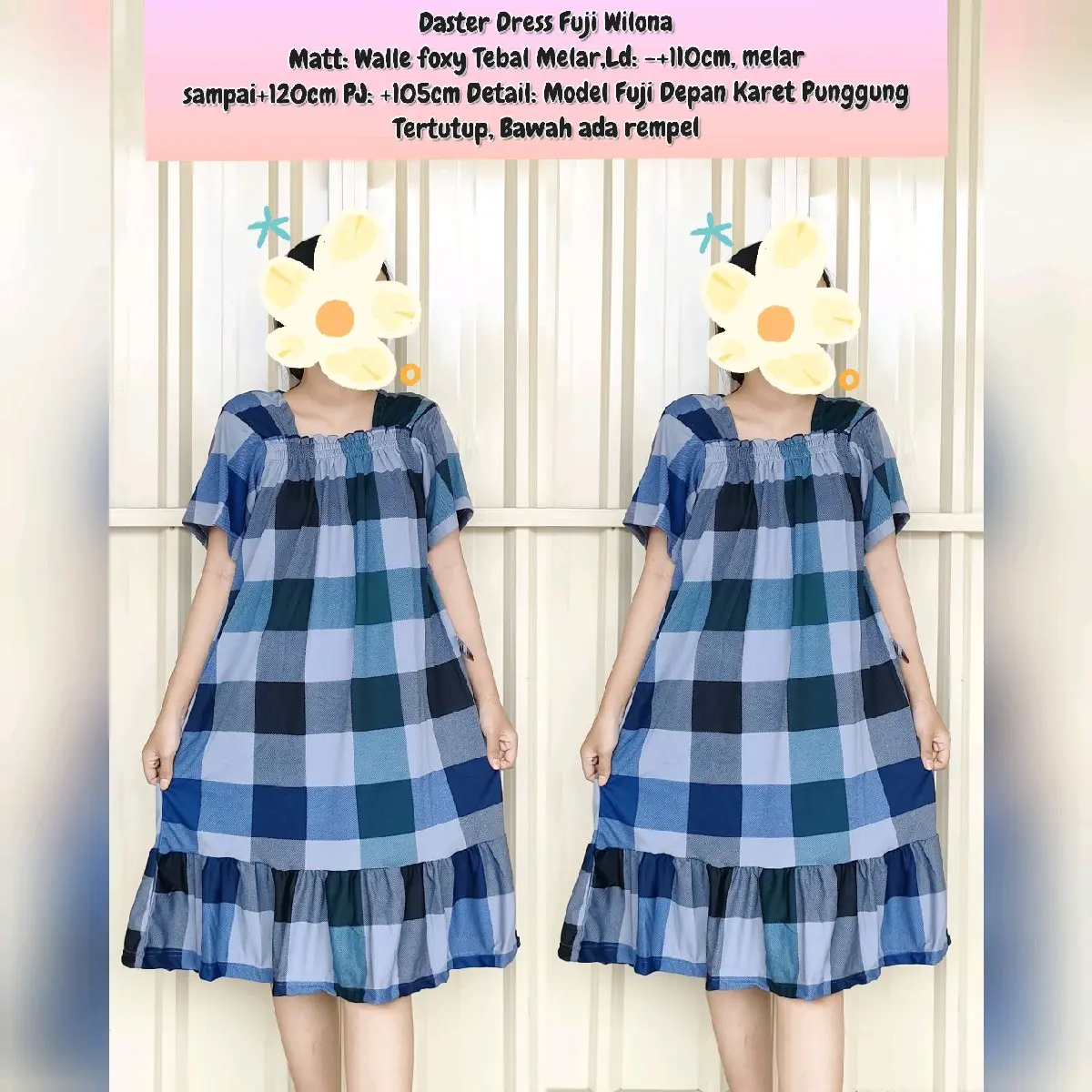 Daster Motif Kotak Foxy Wilona Punggung Tertutup Dress Karet Tebal Wanita Piyama Dewasa