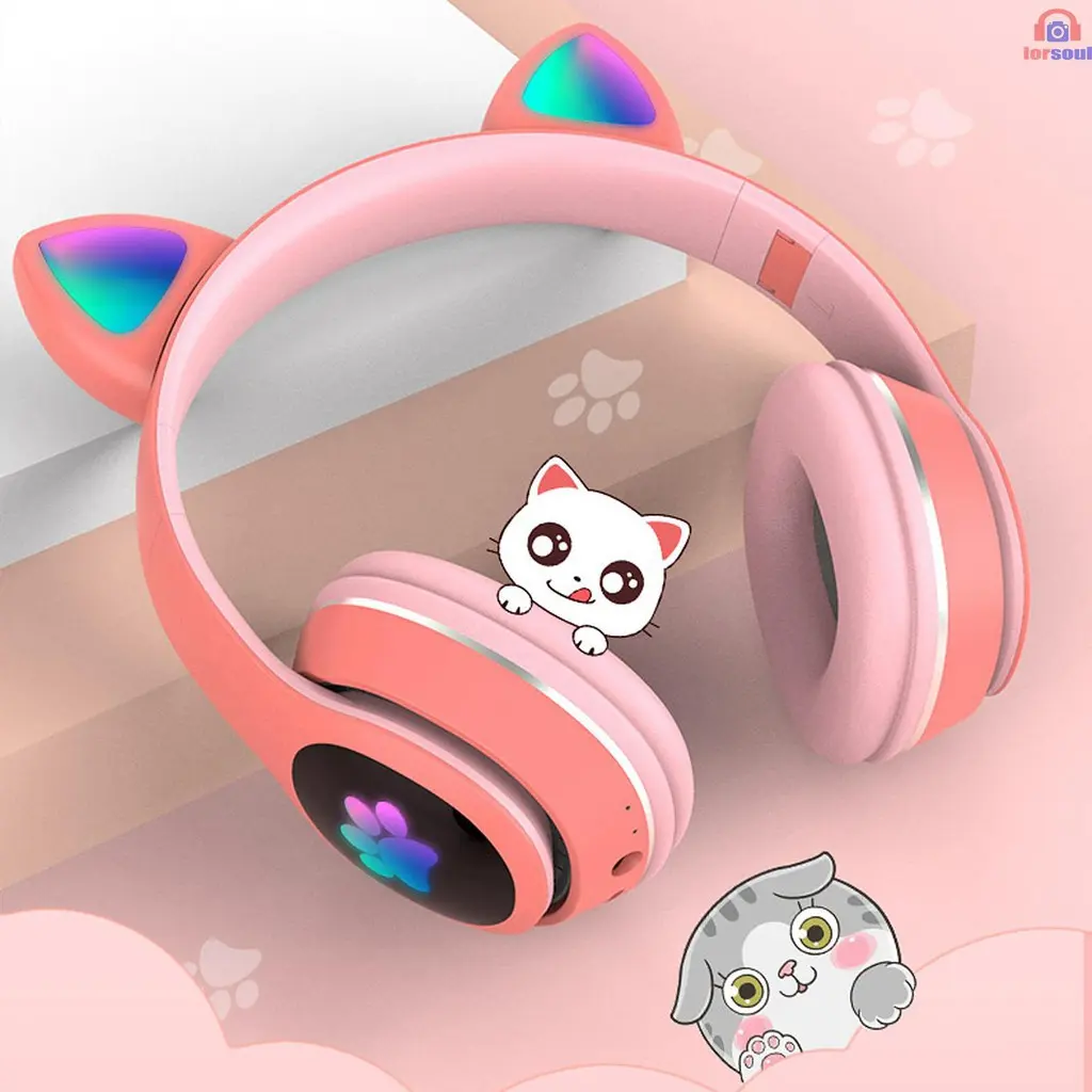 Fon Kepala Telinga Kucing Fon Telinga, 100% Asli, Fungsi Bluetooth, LED, Boleh Laras, Boleh Dilipat, Sesuai untuk Mesyuarat, # 11 Perempuan Audio Earphone Mic Speaker Komputer Merah Putih Usb Amplifier Headset