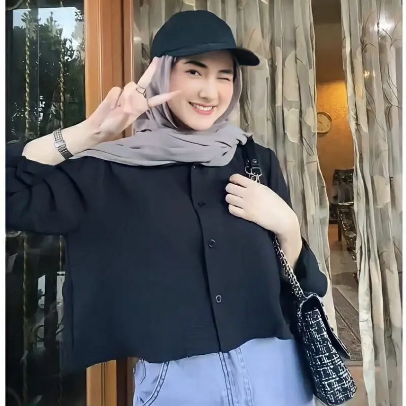 New Hanin Crop Kemeja Crop Crinkle Atasan Blouse Airflow Crinkle Polos Oversize