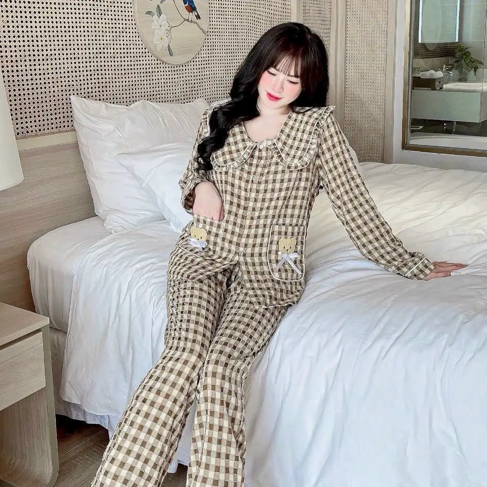 Bộ ngủ pijama cổ nhung bèo dài tay size M/L Women Nữ