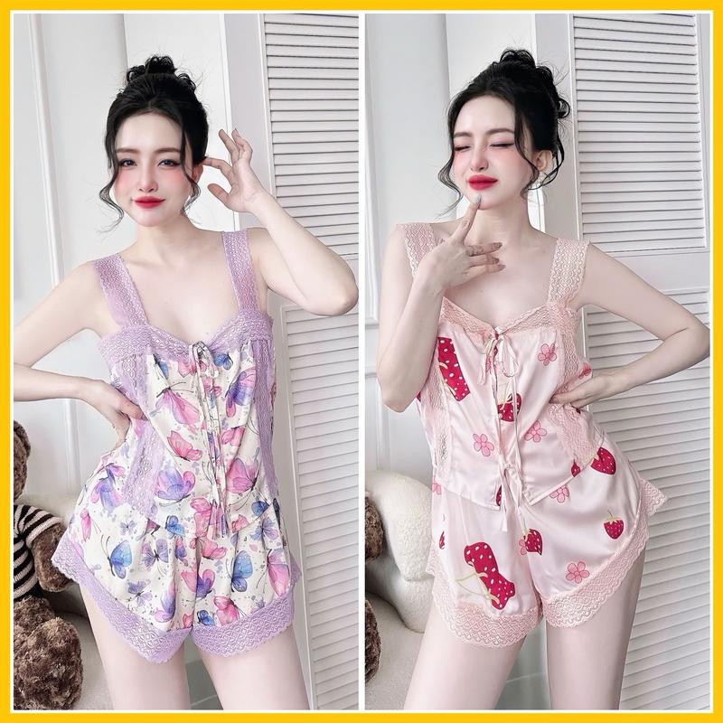 Đồ bộ ngủ áo hai dây ren bảng croptop quần đùi dành cho nữ họa tiết in 3D chất liệu lụa latin mềm mịn Quần Ngủ 