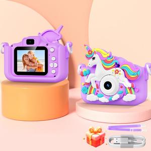 Cámara multifuncional juguete con 5 juegos de rompecabezas, linda cámara con cubierta de silicona de unicornio, lente HD 1080P, foto familiar para selfies, video de grabación para niños