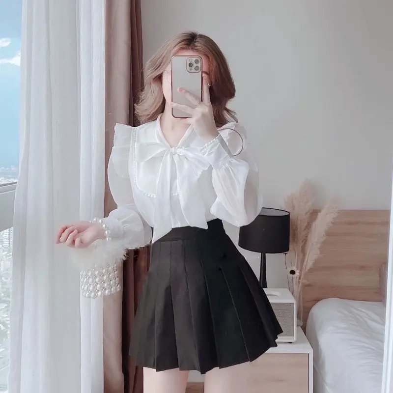 Áo sơ mi nữ kiểu công sở dài tay tiểu thư nút ngọc cổ dây nơ phối ren màu trắng kem áo sơ mi tay dài phồng đi học