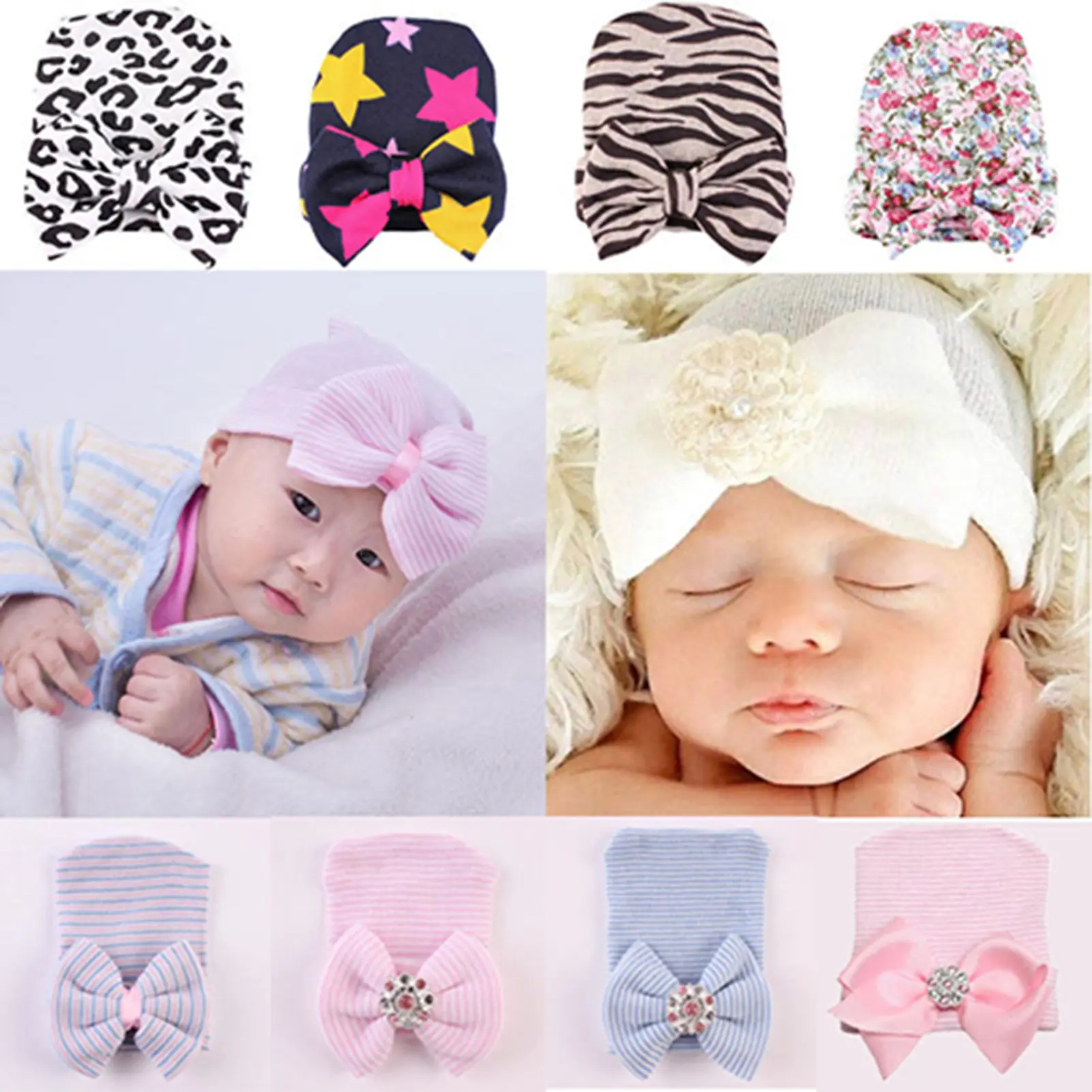 Poyuasez Baby Beanie Bowknot Rhinestone Cotton Soft Skin-friendly Knitted Hat for Party