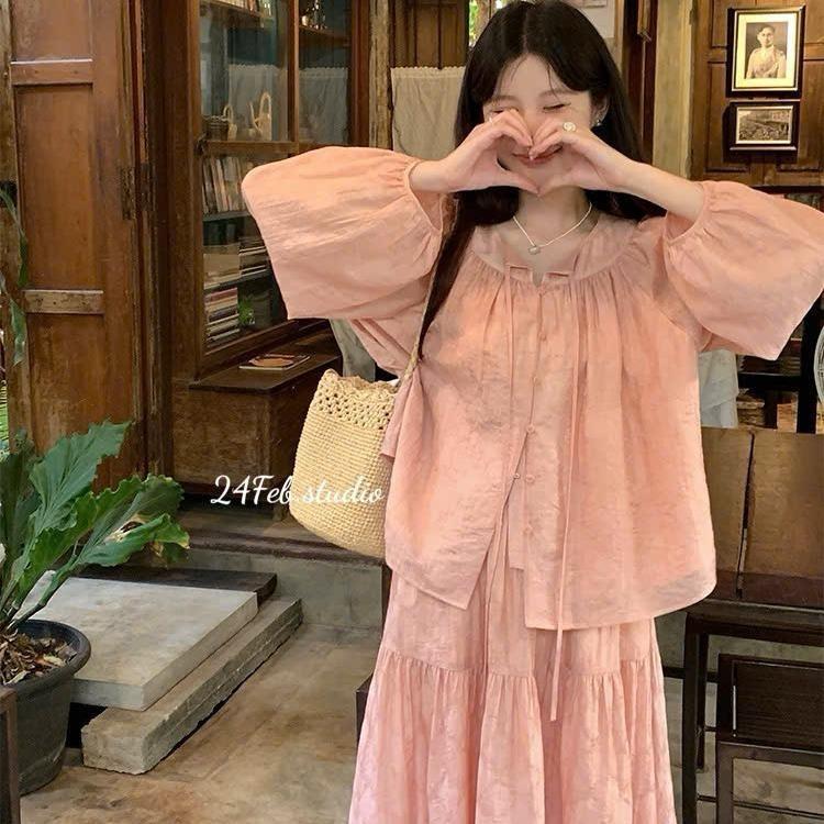 SET667 Set áo tơ nữ cổ nơ dài tay kèm chân váy phong cách tiểu thư 24FebStudio
