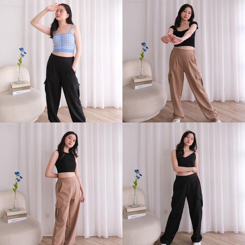 Naya Cargo Pants - Celana Panjang Wanita Cargo / High Waist /  Stretch / Karet / Kantong / Casual 0
