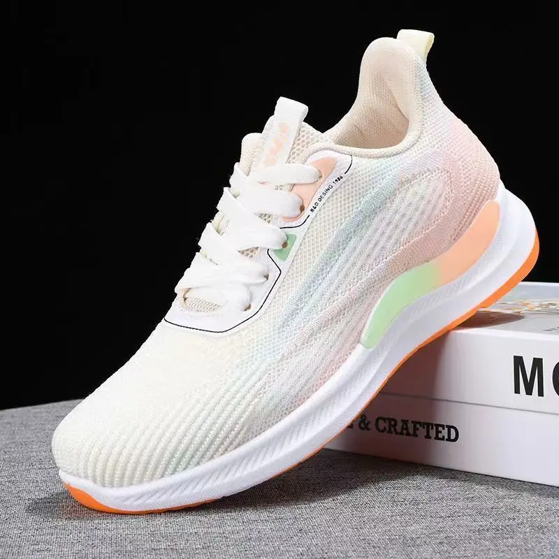 Giày Chạy Bộ Nhẹ, Dành Cho Nữ, Lưới Flyknit Thoáng Khí, Đế Mềm, Dễ Phối Đồ, Giày Trắng, Mùa Thu Mới 2024, Giày Thể Thao