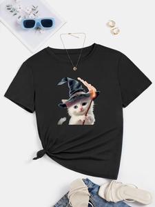 Women's Cat Print Round Neck Tee, Cute Graphic Crew Neck T-Shirt for Daily Wear Holiday Vacation, Casual Summer Top for Women