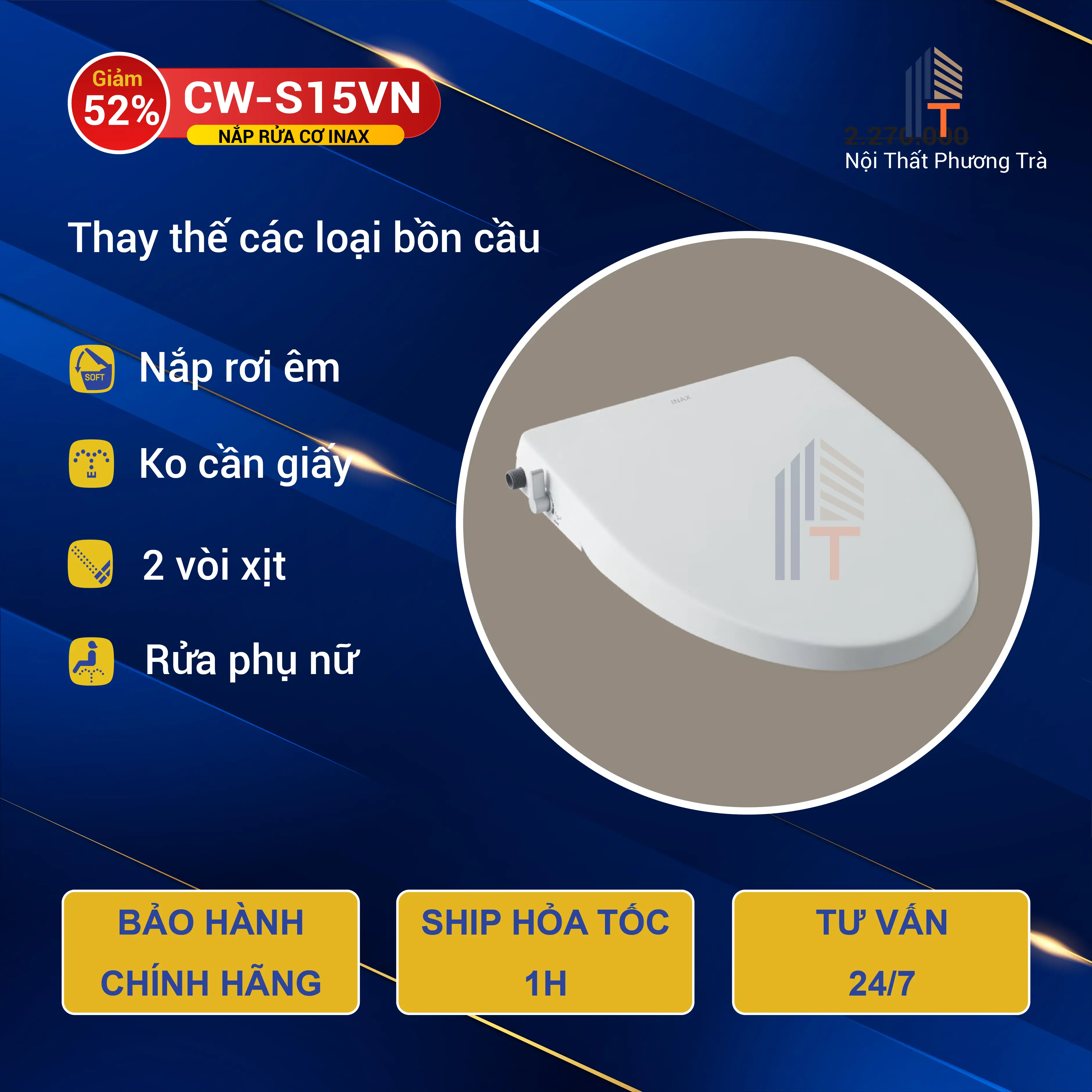 Nắp bồn cầu thông minh Inax CW-S15♥️Chính hãng♥️,Nắp rửa cơ có vòi xịt, không dùng điện, bảo hành 2 năm