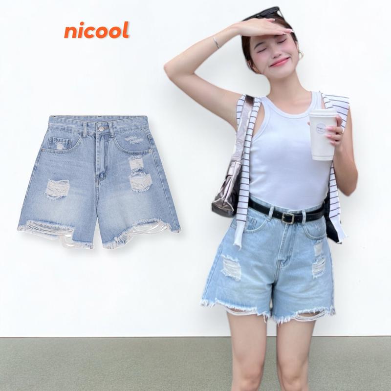 Quần Short Jean Nữ Xanh, Quần Đùi Nữ Rách Ống Năng Động Cá Tính Nicool N41-D4 Women Short Blue