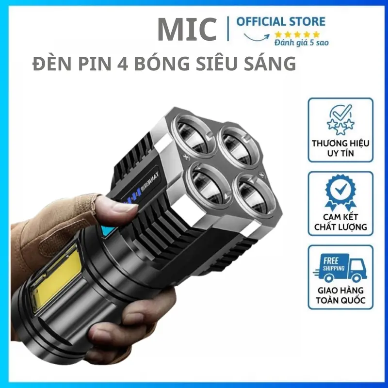 Đèn Pin Cầm Tay Siêu Sáng Chiếu Xa 200M 4 Chế Độ Sáng Chống Thấm Nước Có COB Led hông 0