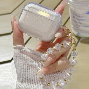 Funda para auriculares con decoración de pedrería brillante y cadena de cuentas, funda protectora para auriculares, cubierta protectora decorativa compatible con AirPods Pro 2 3