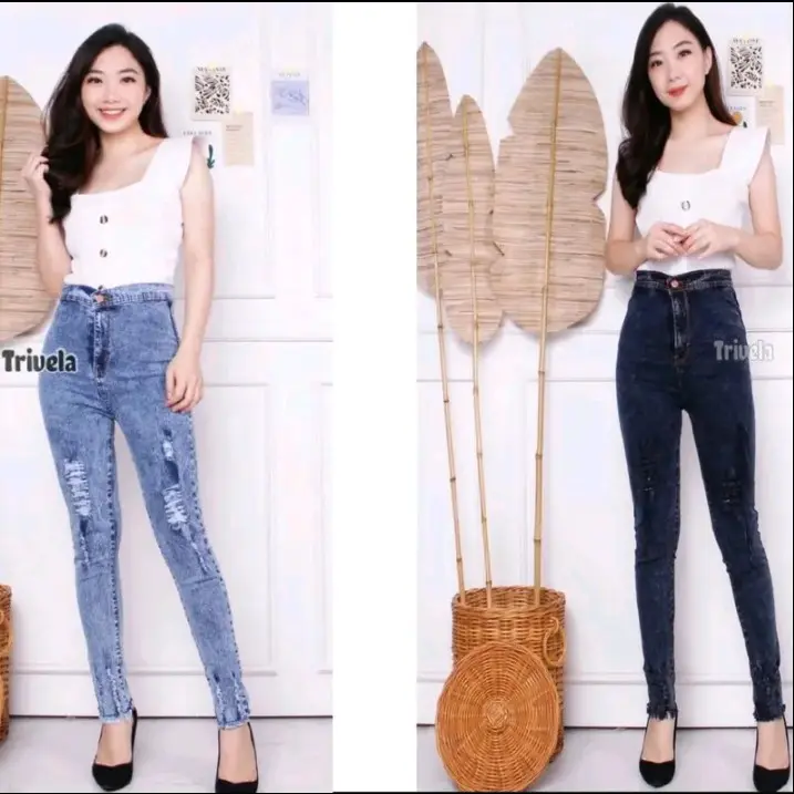 Celana jeans pensil highwaist sobek Dewasa snow blue dan snow black panjang slim fit