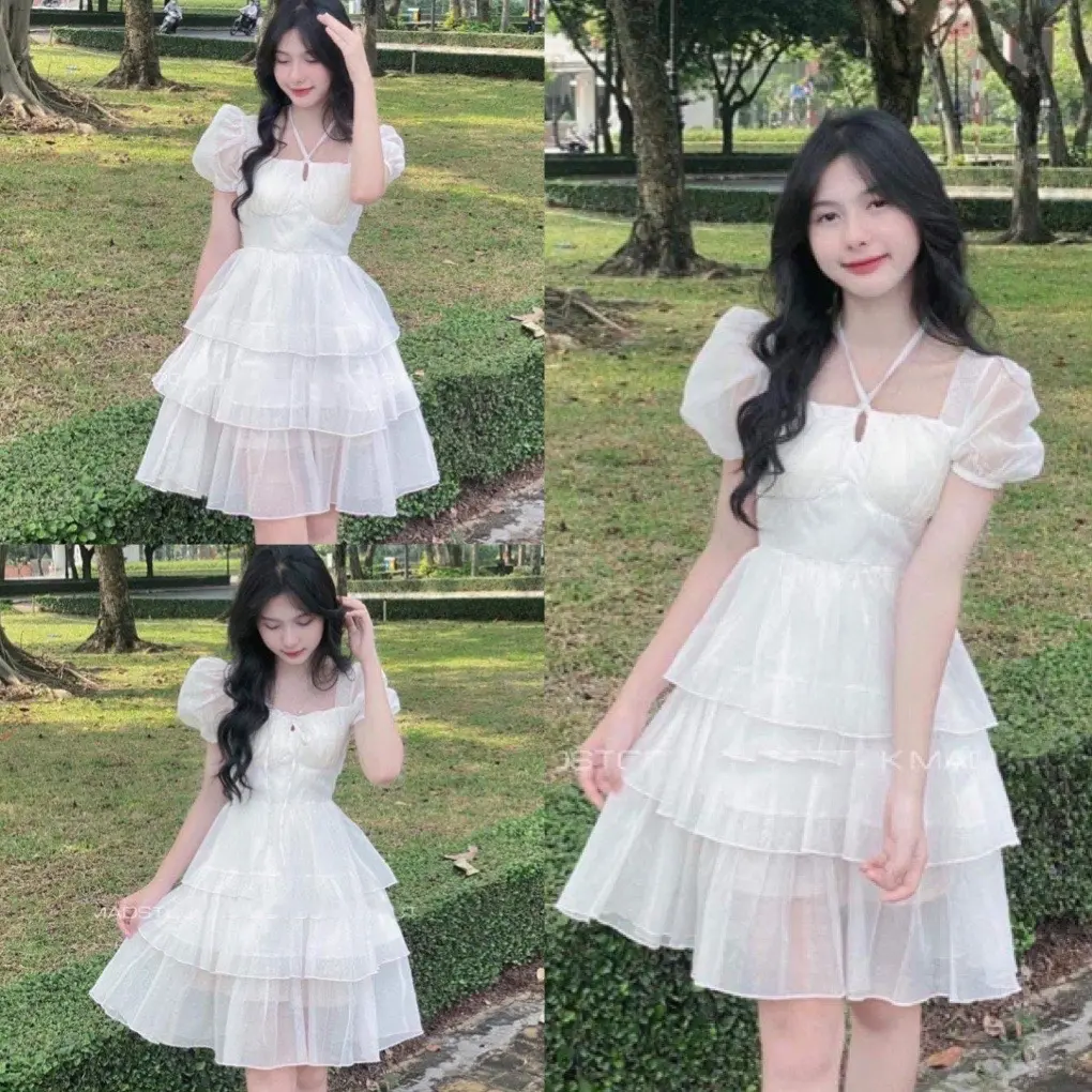 Váy babydoll dáng dài tay phồng 3 tầng cổ vuông tay bồng thắt dây-đầm dự tiệc đi chơi sang trọng màu trắng hàn quốc, CACA SHOP