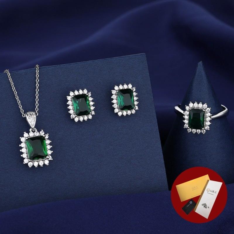 Product Introduction of (With Gra Certificate) Square Emerald Ring Necklace Ear Stud Green Diamond Eardrops Earrings Fine Jewelry 16