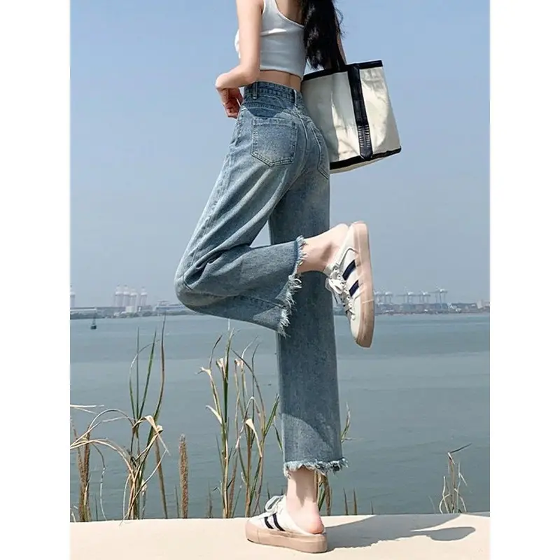 Quần Jean Rách, Tua Rua Tua Rua, Dành Cho Nữ, Mùa Xuân Và Mùa Thu, Mỏng, Cạp Cao, Quần Ống Đứng, Phong Cách Hàn Quốc, Dáng Rộng Vừa Vặn, Mỏng Vừa Vặn, Ống Rộng, Quần Cropped 3