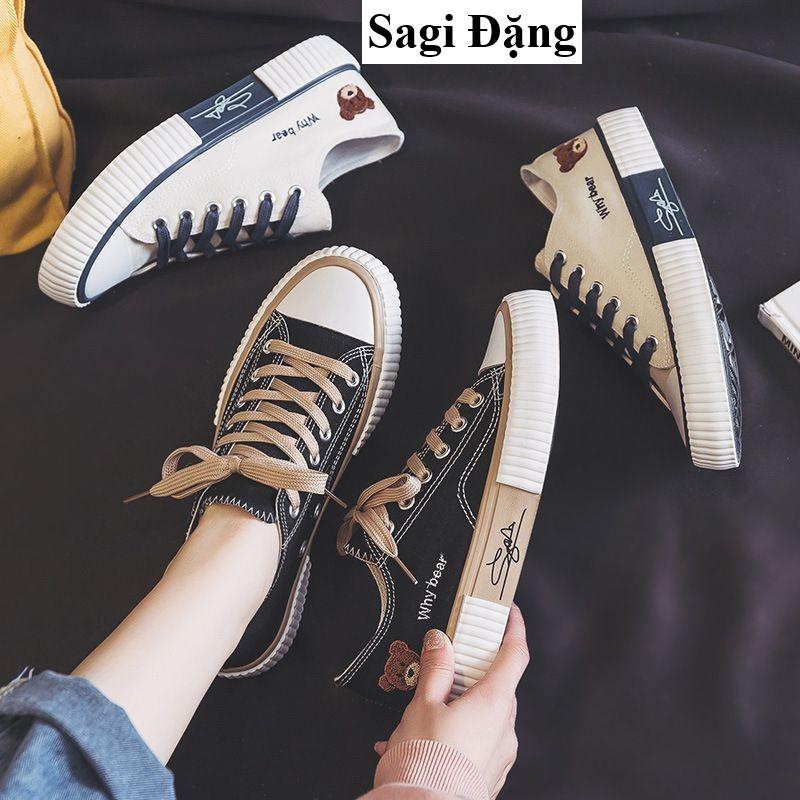 Giày thể thao bata nữ ulzzang cv cổ thấp hình gấu full box, giày học sinh đế bằng vải canvas