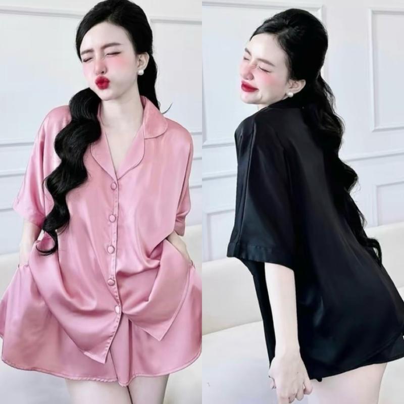 Set Bộ Đồ Ngủ Pijama Áo Cánh Dơi Nút Bọc Quần Váy Ống Rộng Có Túi Freesize 45-80kg Dành Cho Nữ