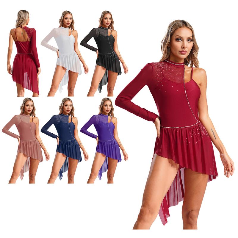 dPois Women Single Long Sleeve Lyrical Dance Costume Irregular Skirt Leotard Modern Contemporary Dress 0