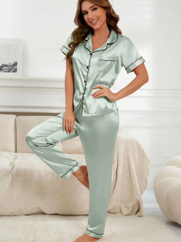 Women's Contrast Binding Lapel Pyjama Set, Button Front Short Sleeve Pocket Shirt & Pants Fall Pj Set, Casual Comfortable Sleepwear Set for Fall, Pajamas 8
