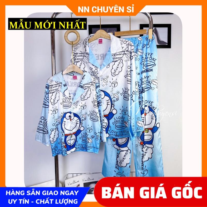  Đồ bộ lụa xước ánh kim cao cấp cho bé size đến 75kg in doremon gấu lotso Bộ lụa mẹ và bé DBLXTD 