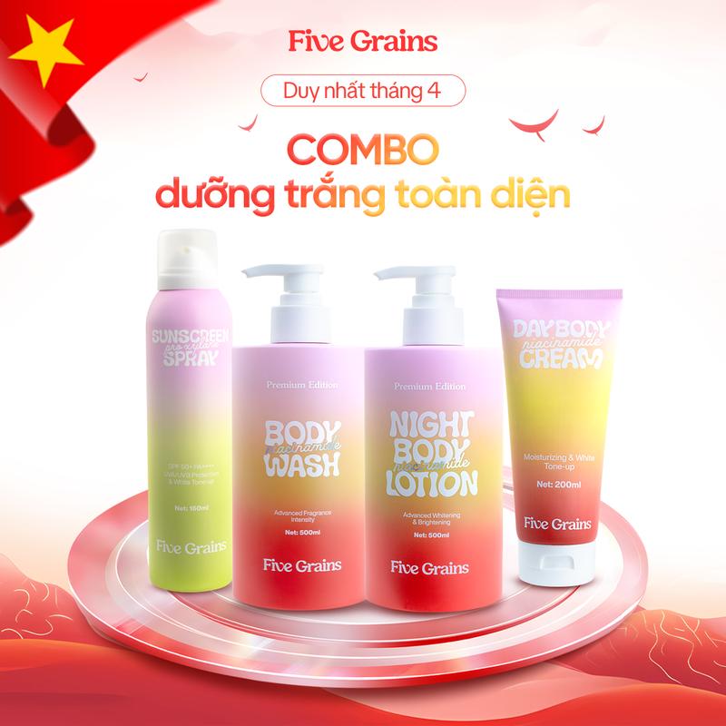 Combo giúp sáng da, tái tạo và bảo vệ toàn diện Niacinamide, Alpha-Arbutin Five Grains(Sữa tắm 500ML & Kem dưỡng ban ngày 200ML & Kem dưỡng ban đêm 500ML & Xịt chống nắng 160ML)