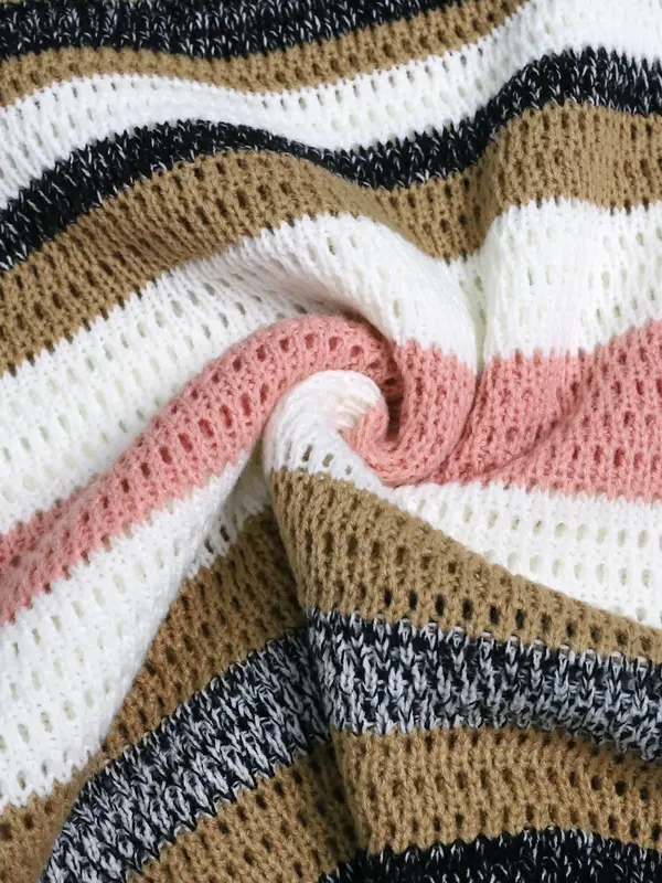 Women's Striped Crew Neck Sweater, Casual Short Sleeve Jumper for Daily Wear, Ladies Knitwear for All Seasons, Tops, Womenswear 5