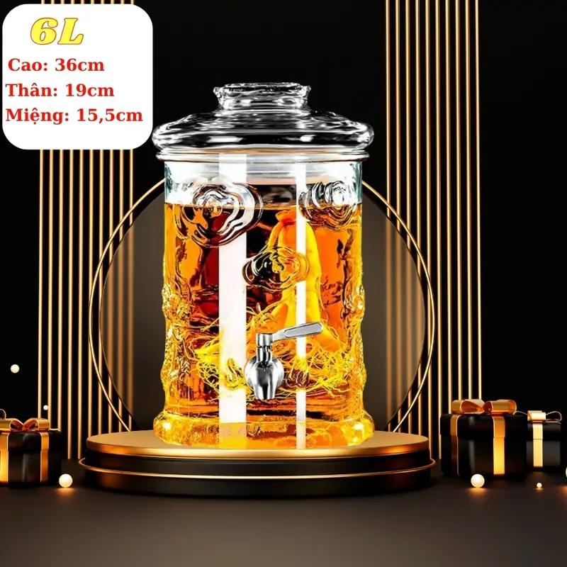 Bình Ngâm Thủy Tinh Dáng Trụ Có Hoa Văn Rồng 6 Lít  ( DUNG TÍCH THỰC 5.2 LÍT ) 0