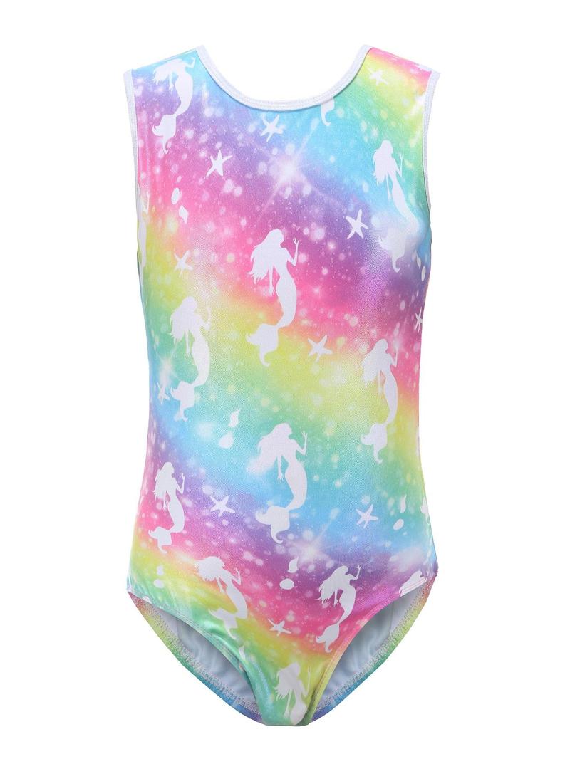 Product Introduction of Girl's Ombre Mermaid Print Cut Out Back Dance Bodysuit, Cute Sleeveless Round Neck Leotard, Girls Dancewear for All Seasons 1