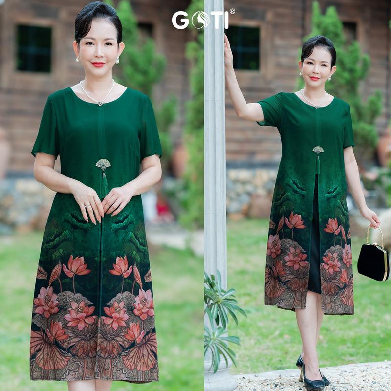 Product Introduction of GOTI Thời Trang Trung Niên Cao Cấp Đầm Suông Voan Xẻ Tà In Hoa Sen Tay Ngắn Quý Phái 3406  Nữ Nhung Dress 24