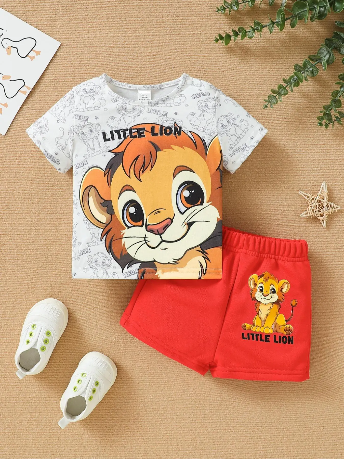 Two-Piece Set Baby's Cartoon Lion & Letter Print Tee & Shorts, Casual Short Sleeve T-shirt & Elastic Waist Shorts Set, Summer Clothes for Infant Toddler Kids
