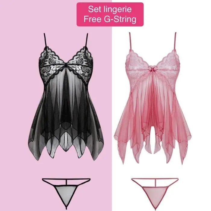 Lingerie Sexy Baju Dinas Malam Free G-String Pakaian Wanita Dress Transparan PRIVASI Regular Red 1