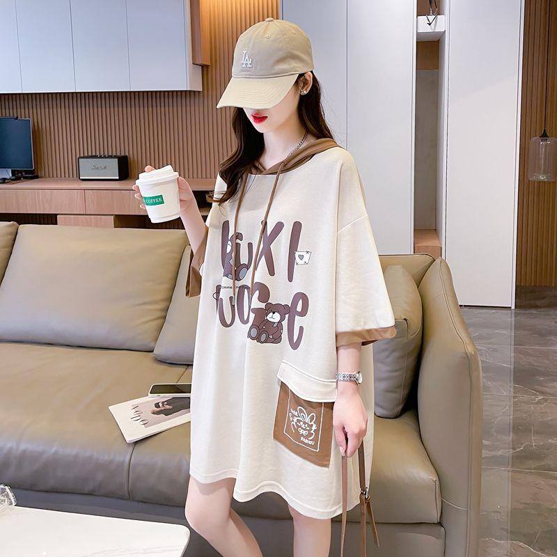 Product Introduction of Áo Thun Ngắn Tay Có Mũ Trùm Đầu, Dành Cho Nữ, Phong Cách Hàn Quốc, Dáng Rộng Vừa Vặn, Dễ Phối Đồ Đi Chơi, Màu Tương Phản, Áo Tay Lửng Ngoại Cỡ Thời Trang, Mùa Hè 2024 Hàng Mới Về Women Top Hoodie Cổ Tròn 2