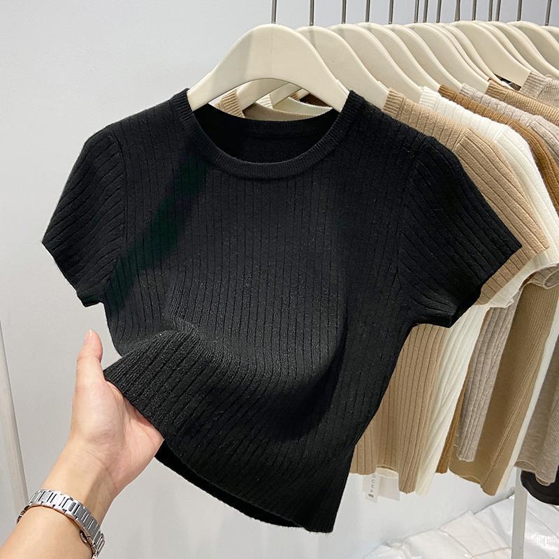 Áo Dệt Kim, Cổ Tròn, Sọc Rộng, ngắn Tay Áo, Áo Thun Nữ, Dáng Ôm, Áo Len Ngắn Thanh Lịch, Hàng Mới Về Mùa Thu 2025, Dành Cho Nữ 4