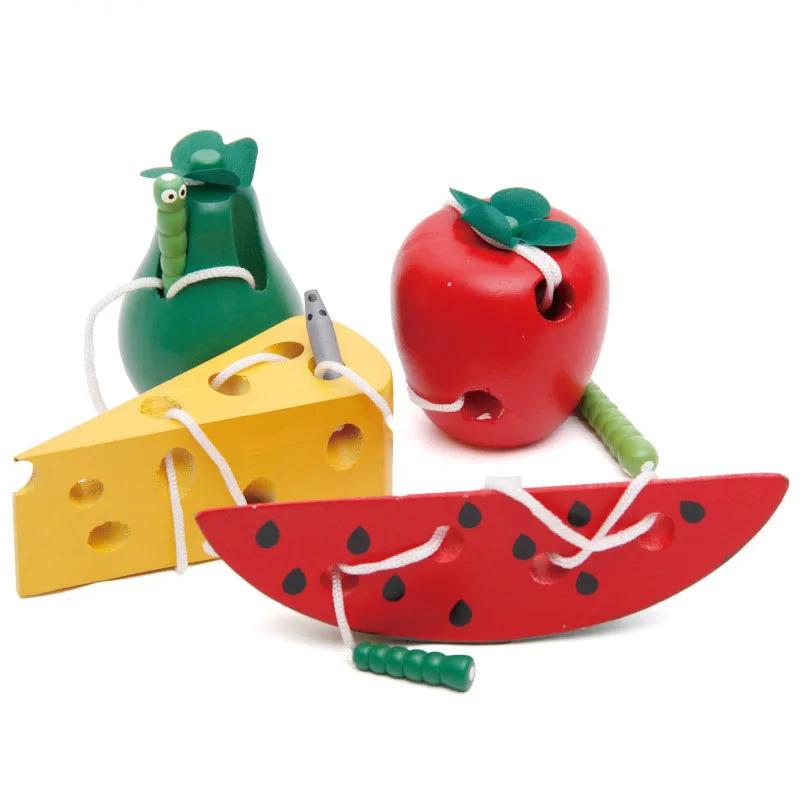 Montessori Educational Toys Fun Wooden Toys Bugs Eating Fruit Apple Pear Early Education Teaching Aid Toys Gift 2