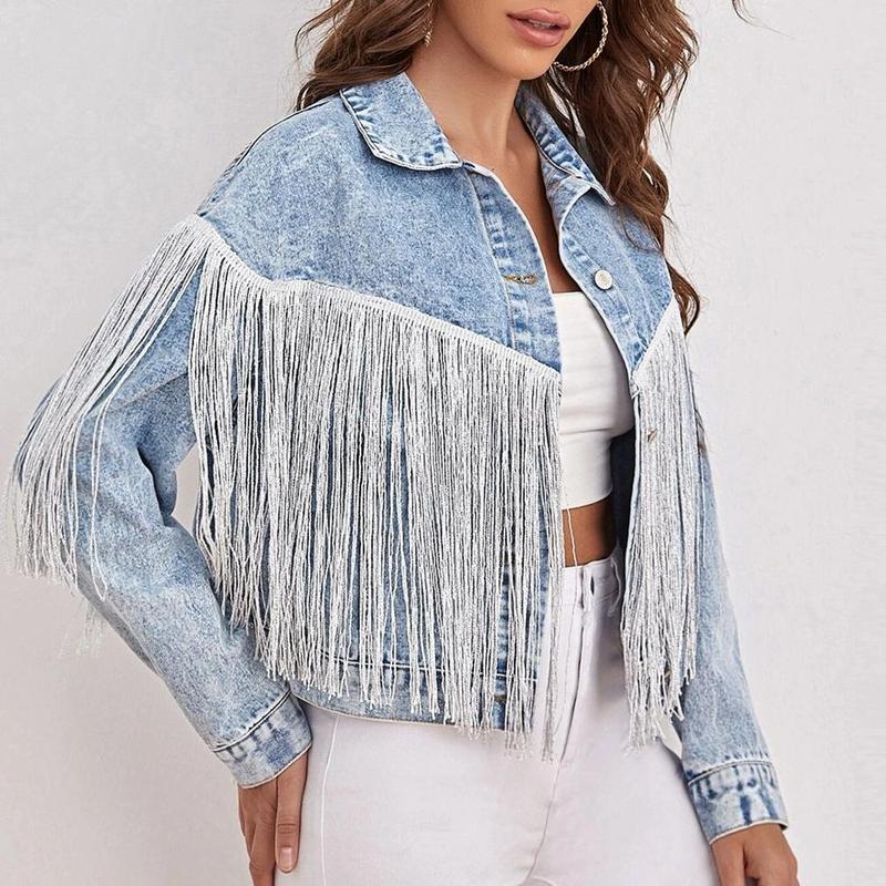 Product Introduction of Short Fringed Denim Jacket Light Blue Loose Fit Club Stage Style Spring Summer New Arrival Women's Fashion Outerwear Top 26