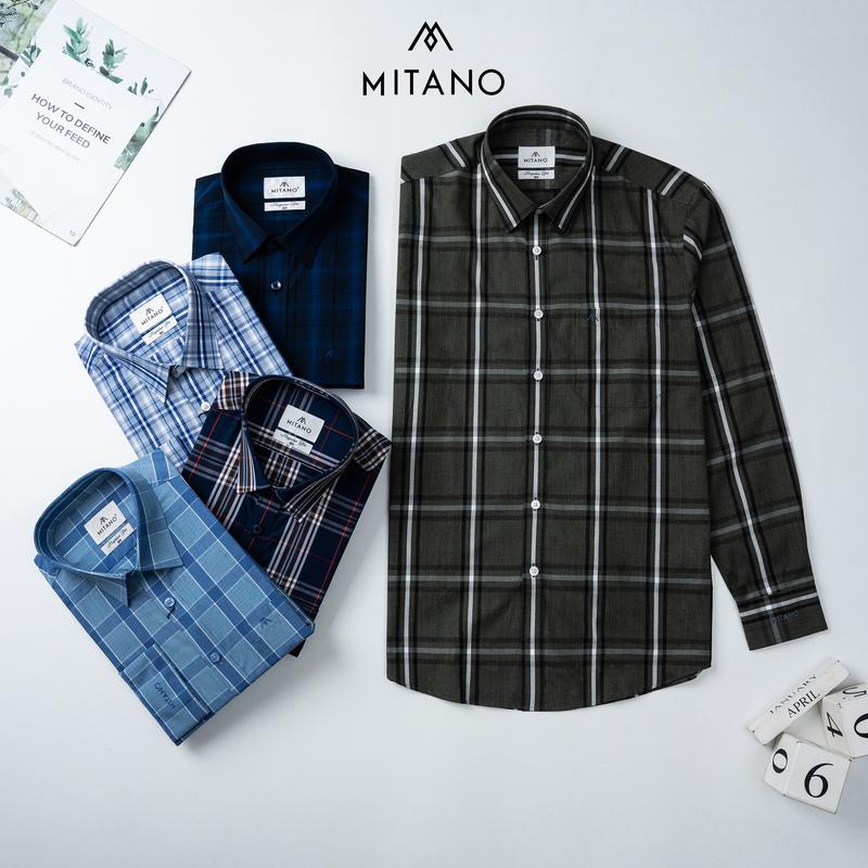 Áo sơ mi nam dài tay kẻ caro Mitano, Regular Fit,có túi ngực, vải sợi tre.
