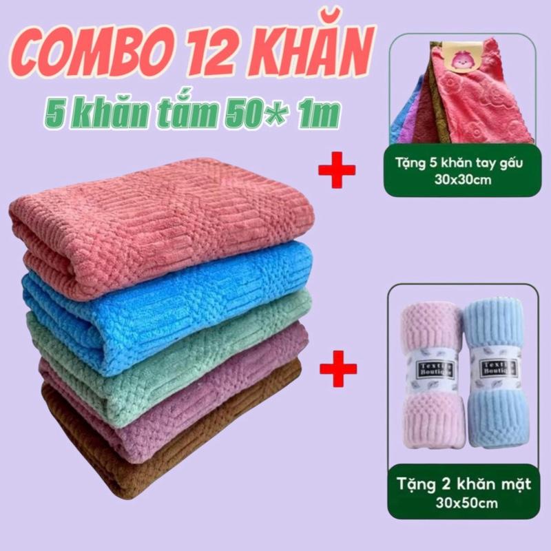 Combo 12 khăn (Mua 5 tặng 7) 5 khăn tắm (50×100cm) tặng 5 khăn lau (30×30cm) + 2 khăn mặt (30×50cm) chất khăn lông cừu mềm mịn thấm hút nước tốt, không ra màu, đổ lông