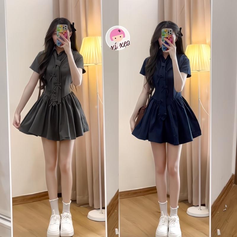 Váy thô kaki nữ dáng ngắn kèm cà vạt xixeoshop - V91 Kem Women