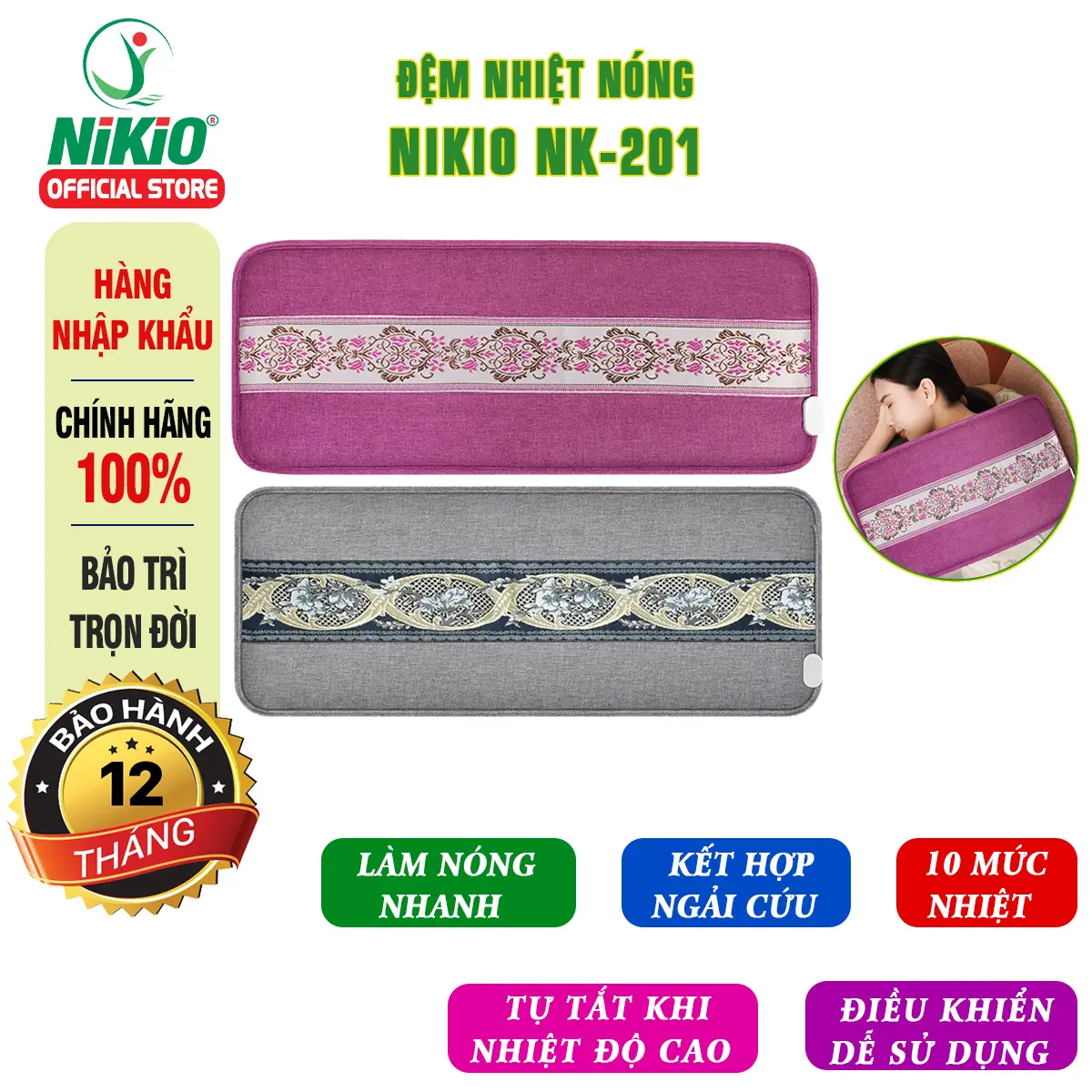 Đệm nhiệt nóng sưởi ấm toàn thân Nikio NK-201 - Massage chườm nóng